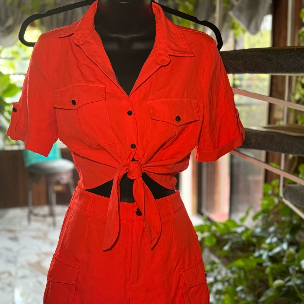 Vibrant Orange Tie-Front Pants Set